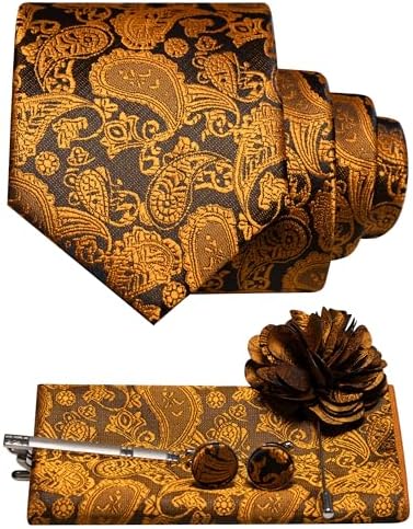 Men's Paisley Tie Set with Pocket Square, Cufflinks, Tie Clip and Lapel Brooch 11