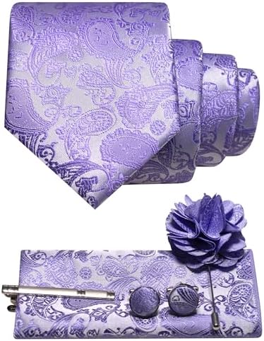 Men's Paisley Tie Set with Pocket Square, Cufflinks, Tie Clip and Lapel Brooch 21