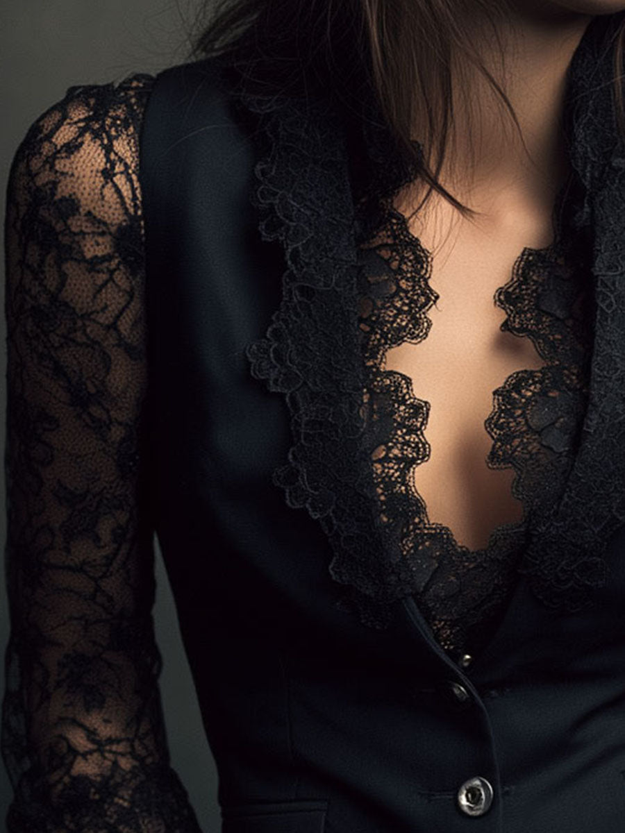 Black Blazer with Sheer Sleeves, Structured Layering Jacket 17