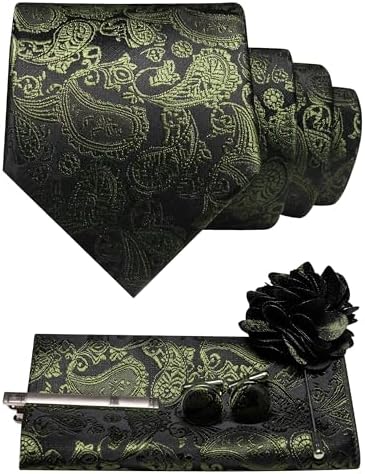 Men's Paisley Tie Set with Pocket Square, Cufflinks, Tie Clip and Lapel Brooch 24