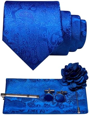 Men's Paisley Tie Set with Pocket Square, Cufflinks, Tie Clip and Lapel Brooch 10