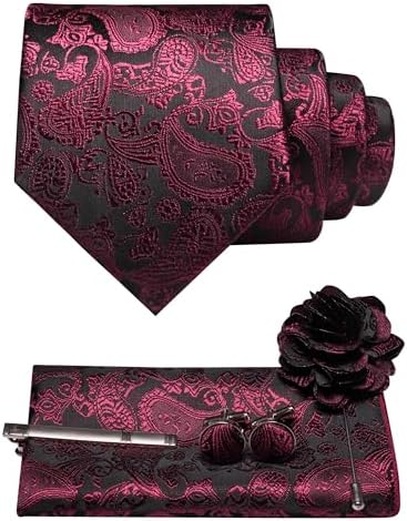 Men's Paisley Tie Set with Pocket Square, Cufflinks, Tie Clip and Lapel Brooch 35