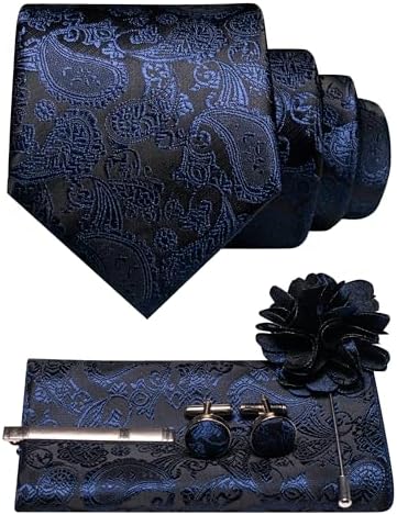 Men's Paisley Tie Set with Pocket Square, Cufflinks, Tie Clip and Lapel Brooch 23