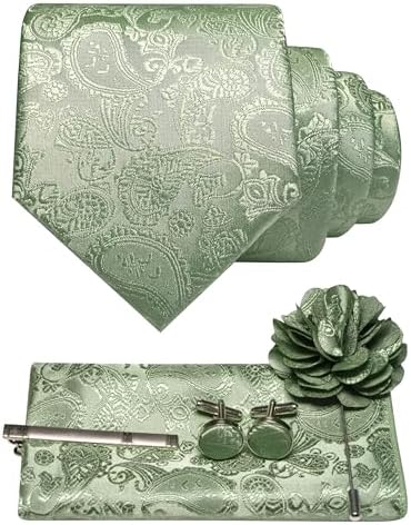Men's Paisley Tie Set with Pocket Square, Cufflinks, Tie Clip and Lapel Brooch 30