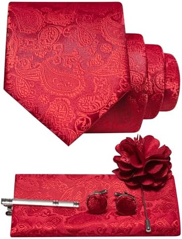 Men's Paisley Tie Set with Pocket Square, Cufflinks, Tie Clip and Lapel Brooch 13