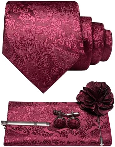 Men's Paisley Tie Set with Pocket Square, Cufflinks, Tie Clip and Lapel Brooch 1
