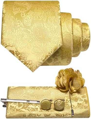 Men's Paisley Tie Set with Pocket Square, Cufflinks, Tie Clip and Lapel Brooch 5