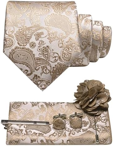 Men's Paisley Tie Set with Pocket Square, Cufflinks, Tie Clip and Lapel Brooch 20