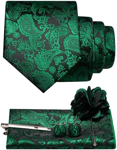 Men's Paisley Tie Set with Pocket Square, Cufflinks, Tie Clip and Lapel Brooch 18