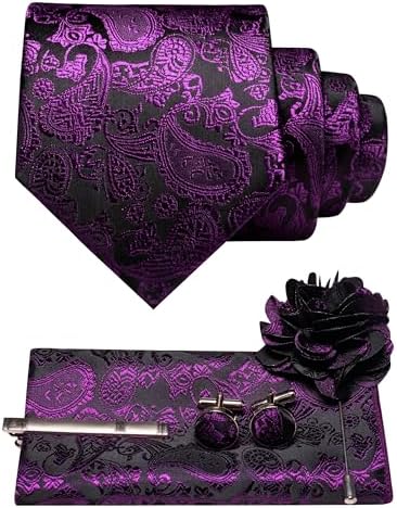 Men's Paisley Tie Set with Pocket Square, Cufflinks, Tie Clip and Lapel Brooch 28