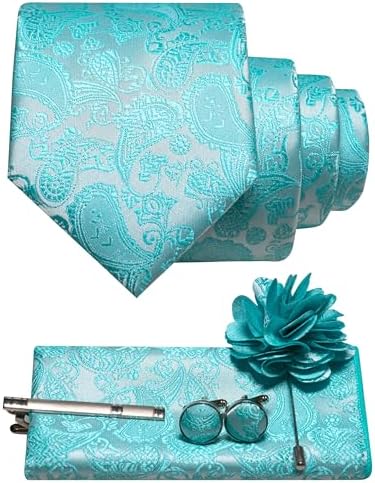 Men's Paisley Tie Set with Pocket Square, Cufflinks, Tie Clip and Lapel Brooch 34