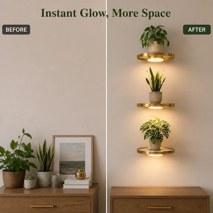 Floating Wall Shelf with Warm LED Light, Rechargeable USB, Gold Finish 4