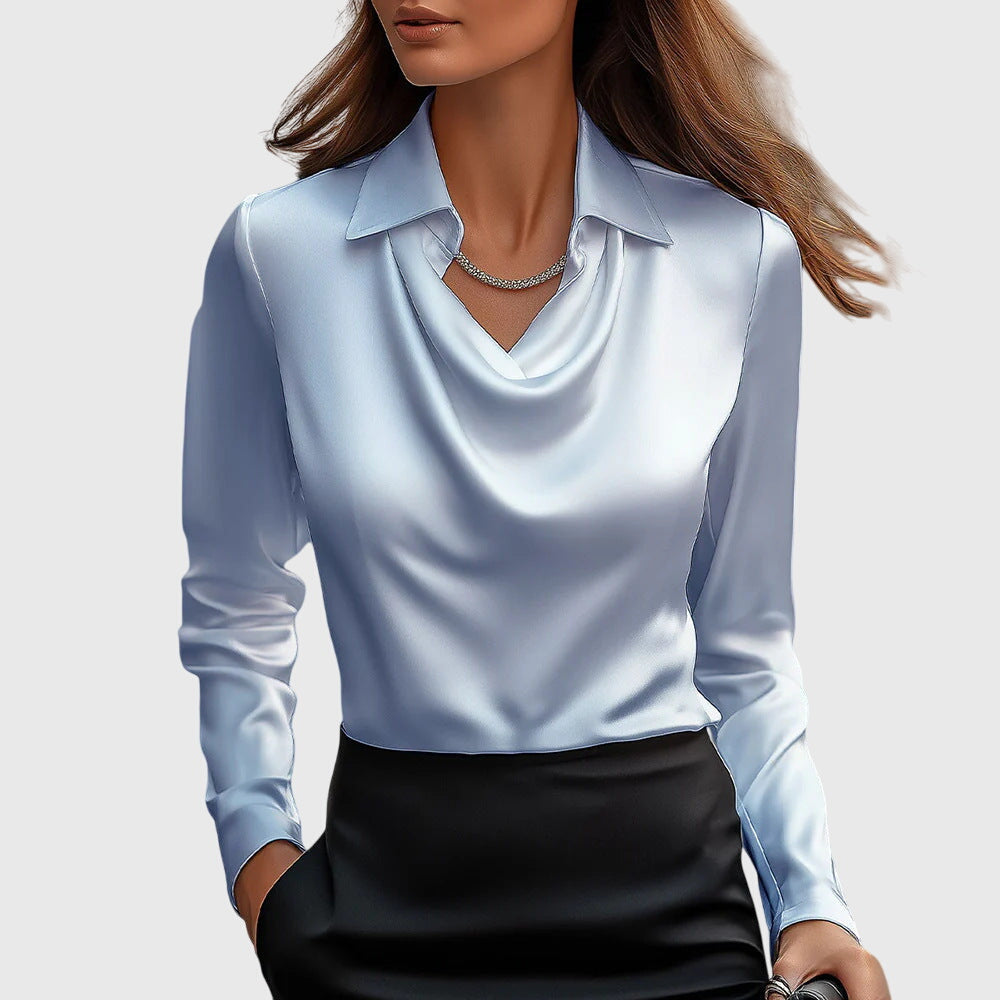 Women's Satin Cowl-Neck Blouse - Long-Sleeve Collared Top for Work and Evening 4