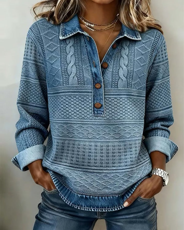 Women's Patterned Sweatshirt with Shirt Collar and Button Front 1