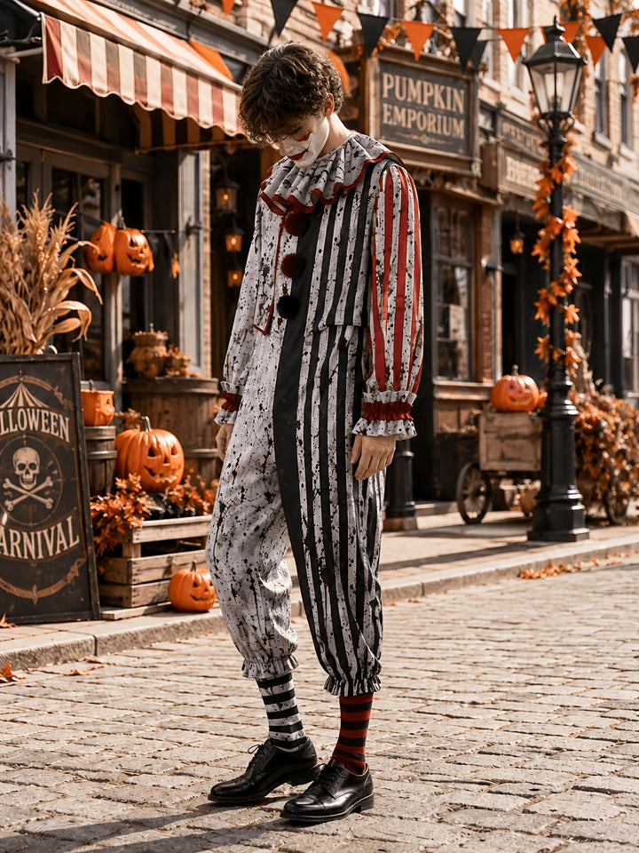 Men's Halloween Horror Clown Jumpsuit Costume with Ruffled Collar 2