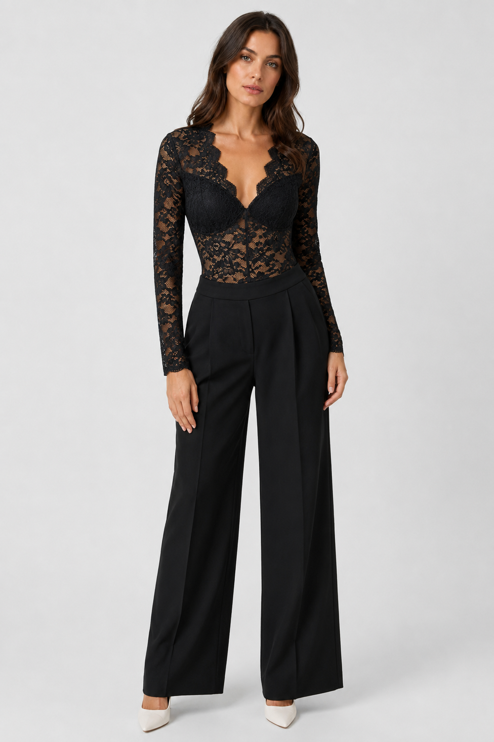 Women's Lace Bodysuit with V-Neck, Long Sheer Sleeves and Fitted Cut 2