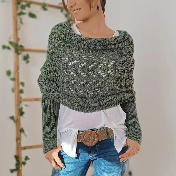Double Sleeve Wrap Scarf - Cozy Knit Shawl with Built-In Sleeves 13
