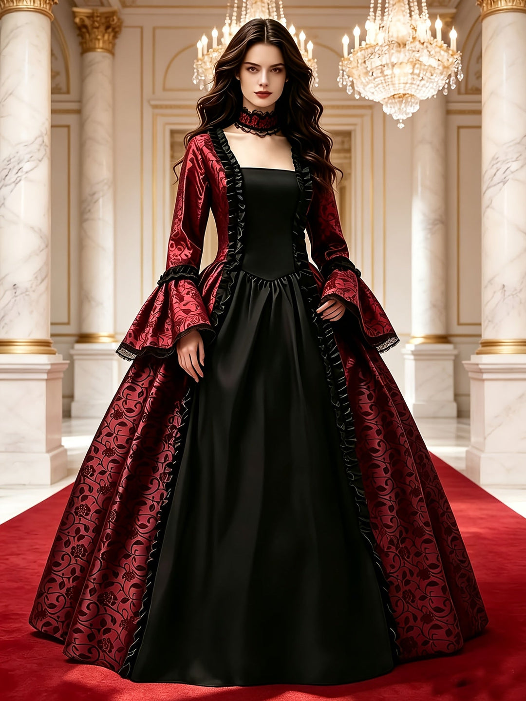 Women's Gothic Vampire Halloween Costume Dress with Flared Sleeves 9