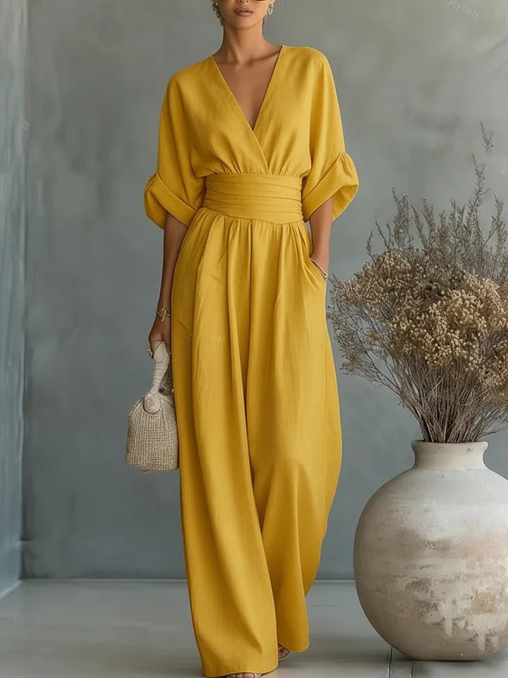 Women's Elegant Wide-Leg Jumpsuit with V-Neck Flowy Fit 5