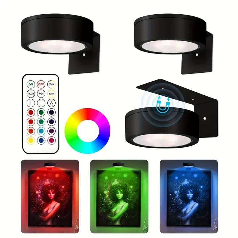 Adjustable Magnetic Picture Light | LED Touch & Remote, RGB/White, USB 2
