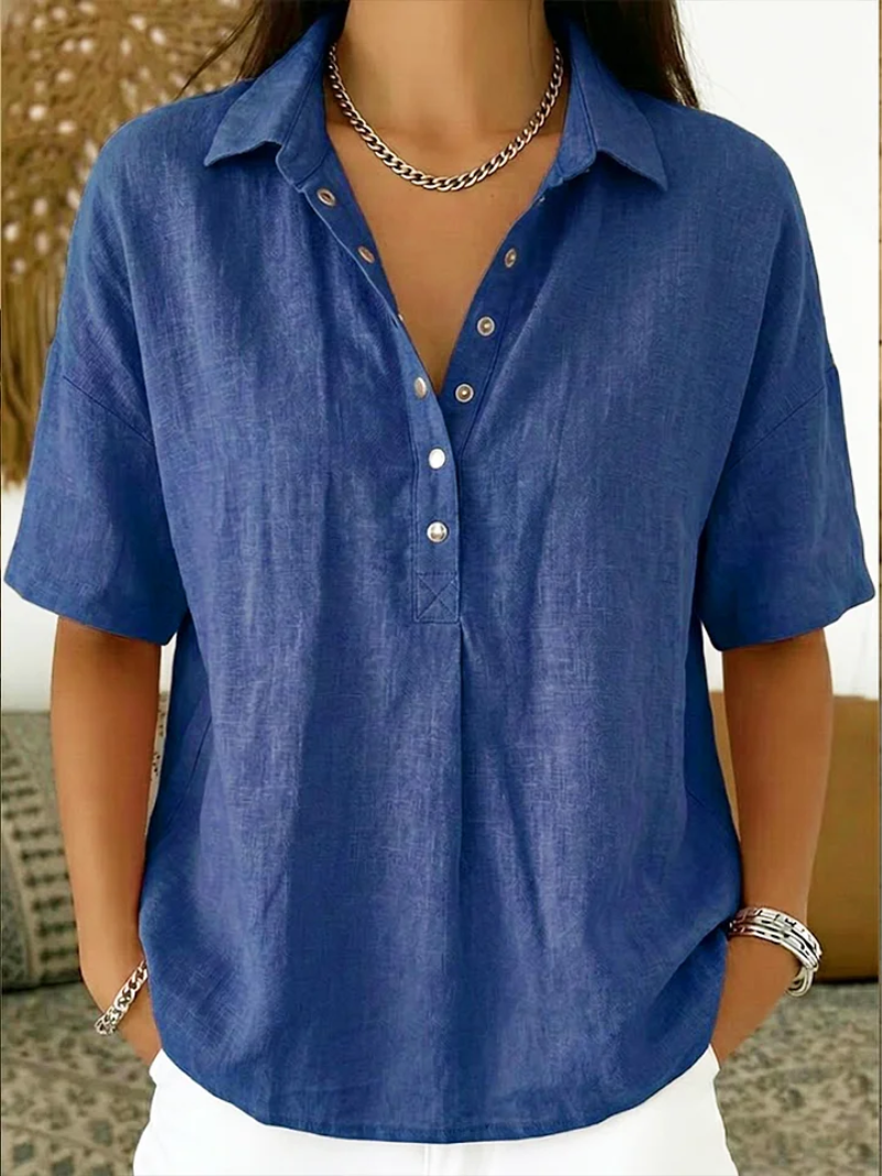 Classic 100% Linen Blouse with Collar and Button Details 1