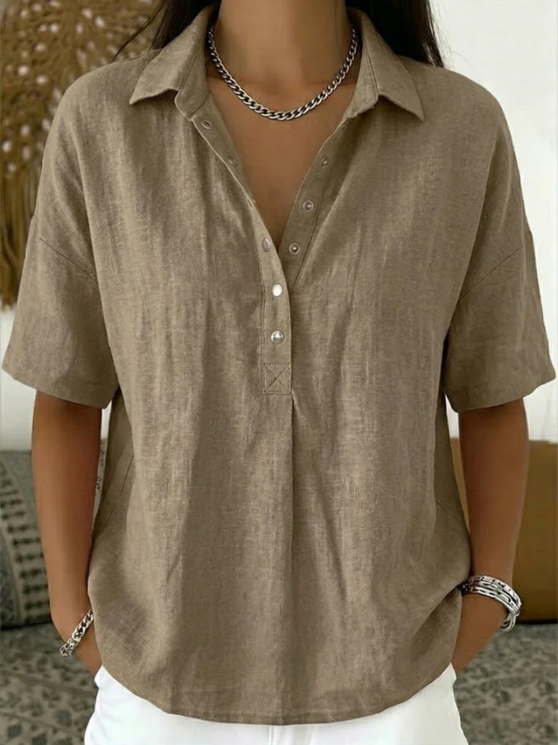 Classic 100% Linen Blouse with Collar and Button Details 2