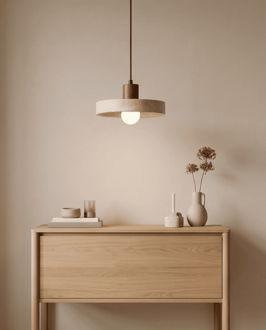 Yellow Travertine Pendant Light with Solid Wood Accent 5