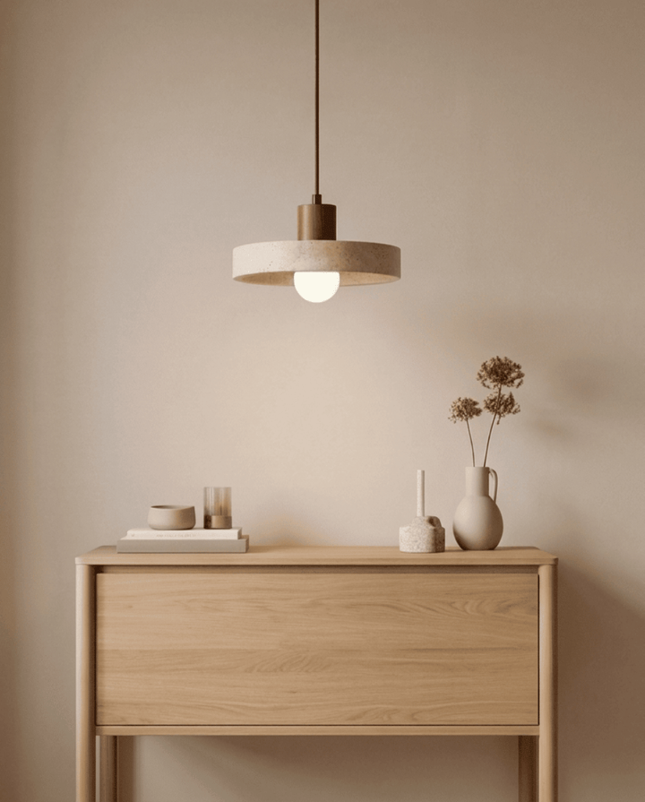 Yellow Travertine Pendant Light with Solid Wood Accent 5