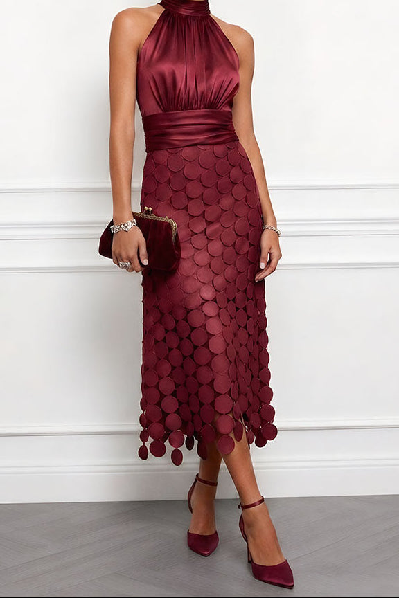 Halter Satin Midi Occasion Dress with Appliqué Skirt 5