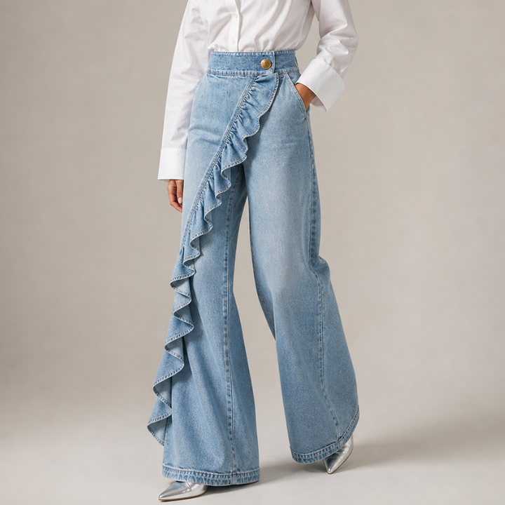 Women's Wide Denim Pants with Asymmetric Ruffle, Culotte Style 2