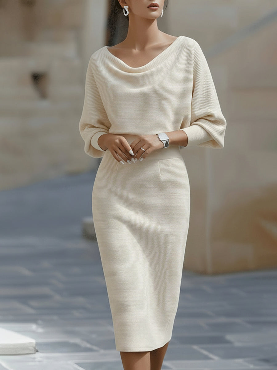 Elegant Draped Midi Dress with Boat Neckline and Fitted Cut 3