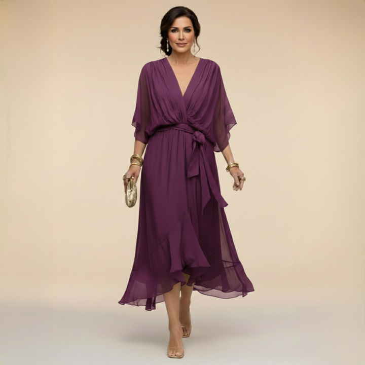 Elegant Flowy Midi Dress for Women – V-Neck & Adjustable Waist 9
