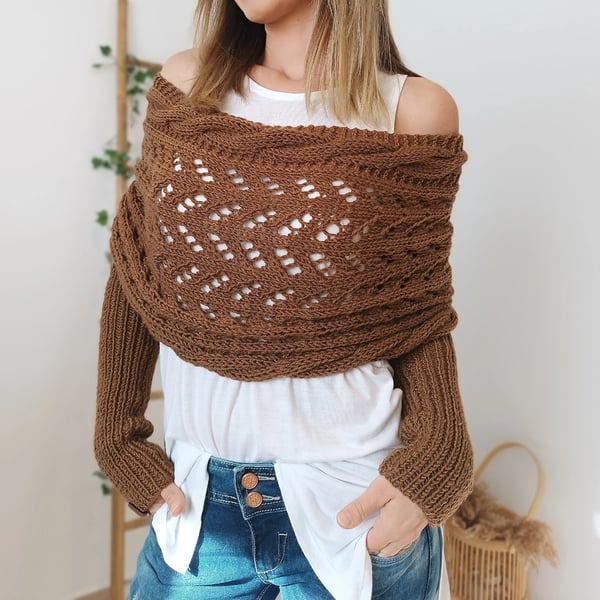 Double Sleeve Wrap Scarf - Cozy Knit Shawl with Built-In Sleeves 18