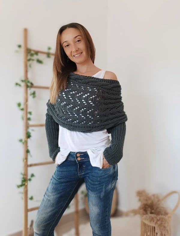 Double Sleeve Wrap Scarf - Cozy Knit Shawl with Built-In Sleeves 2