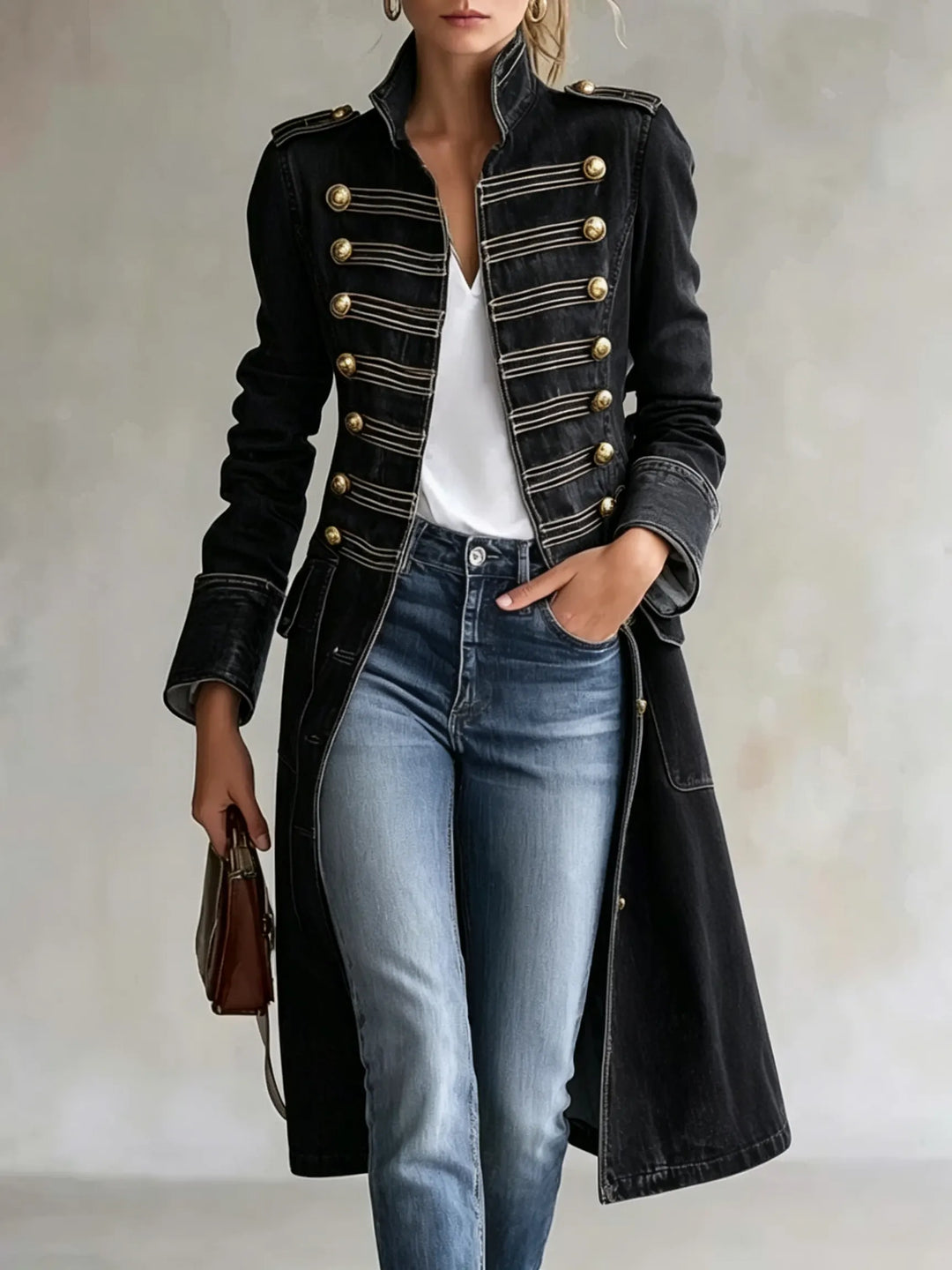 Women's Long Military Style Double-Breasted Coat with Officer Collar 9