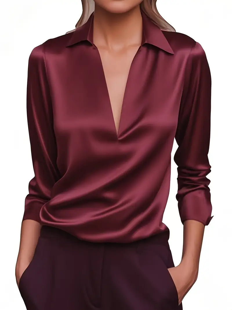 Women's Satin V-Neck Blouse with Draped Collar 6