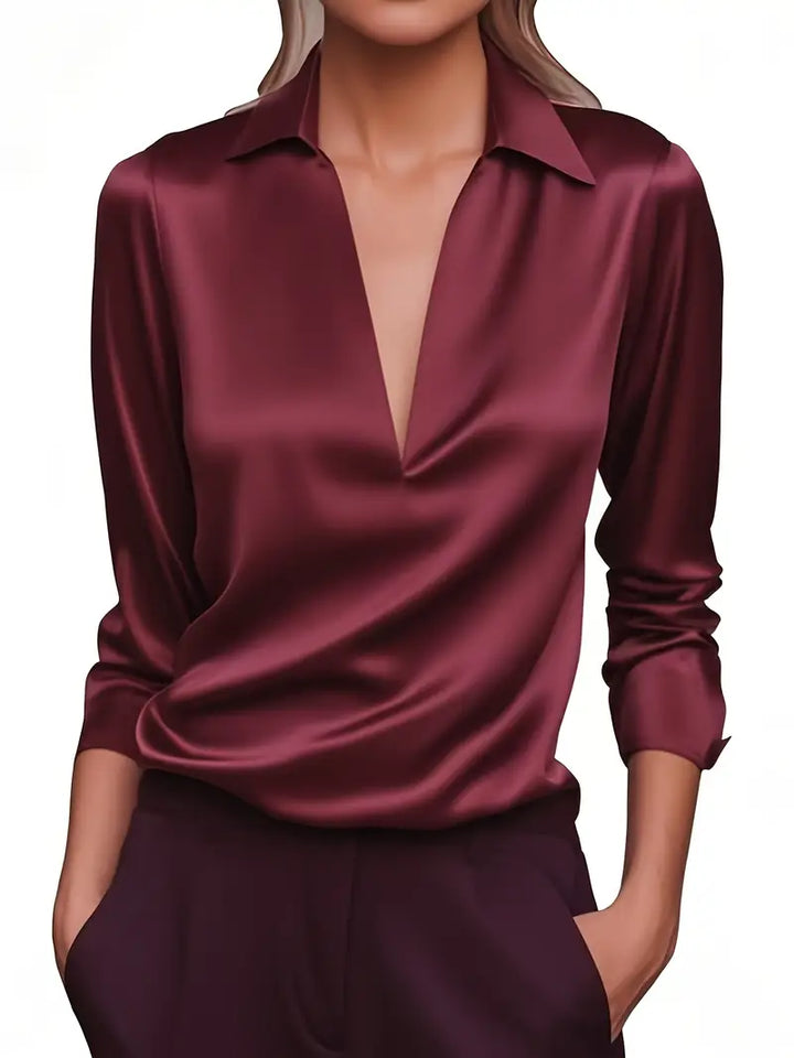 Women's Satin V-Neck Blouse with Draped Collar 6