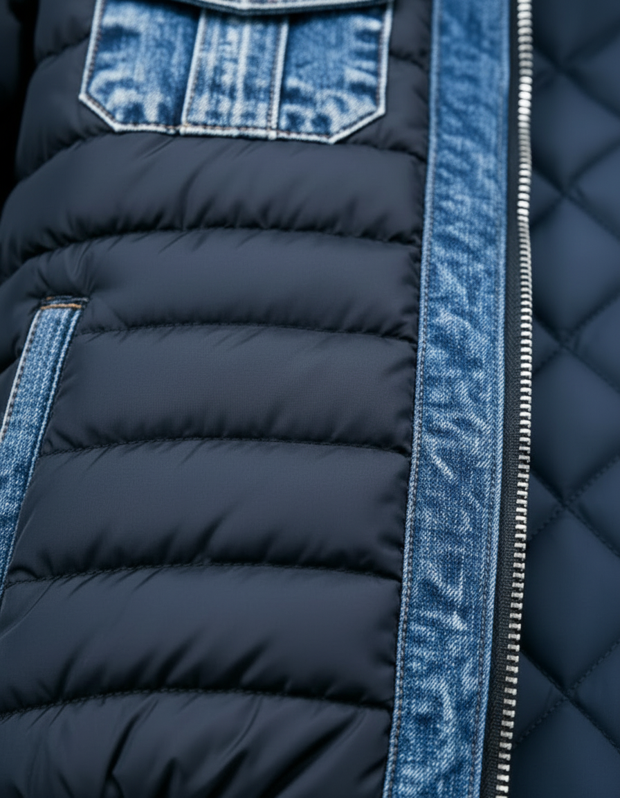 Men's Quilted Denim Jacket with Stand Collar and Zip Front, Blue 2