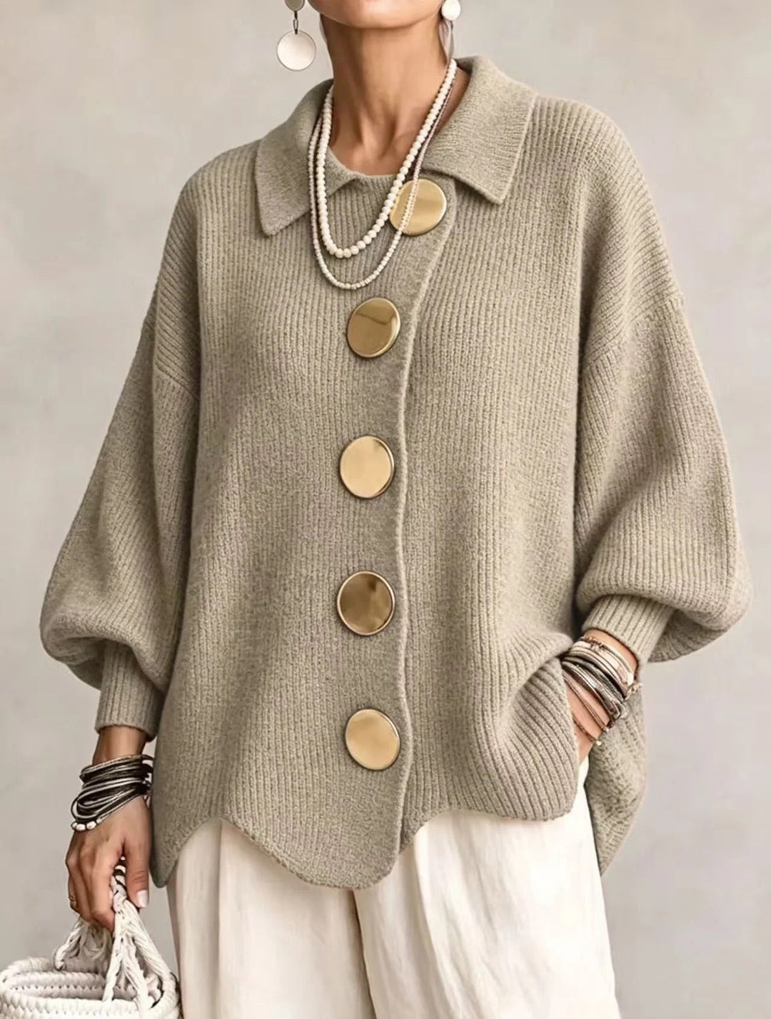 Oversized Scalloped Hem Cardigan with Gold Tone Buttons and Pointed Collar 17