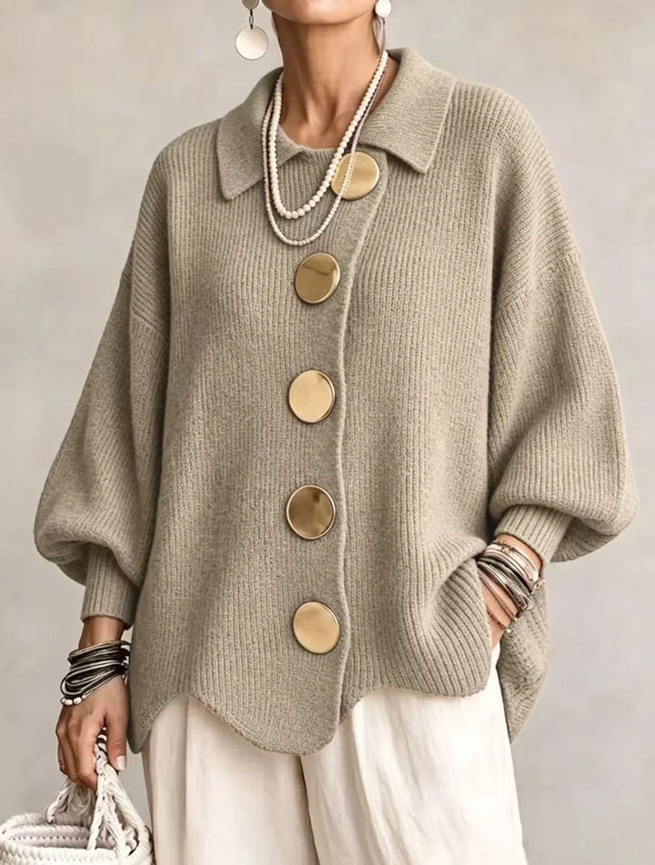 Oversized Scalloped Hem Cardigan with Gold Tone Buttons and Pointed Collar 17
