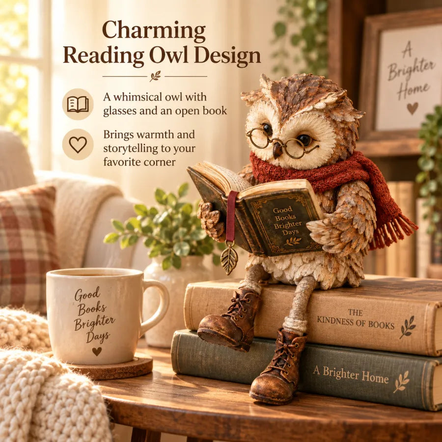 Reading Owl Decorative Figurine with Glasses, Book, Scarf and Boots 3