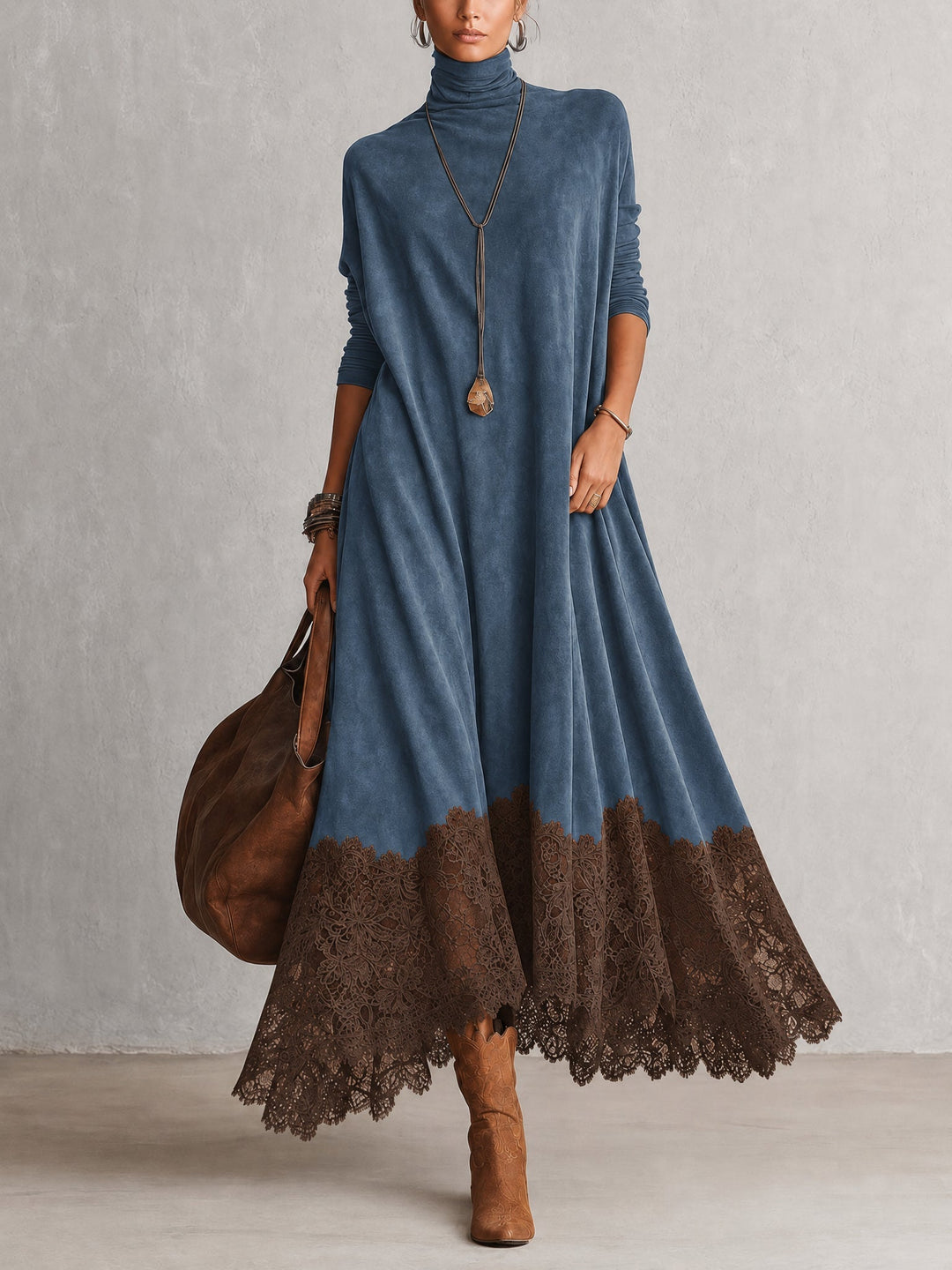 Long Faux Suede Dress with Contrast Lace Hem 7