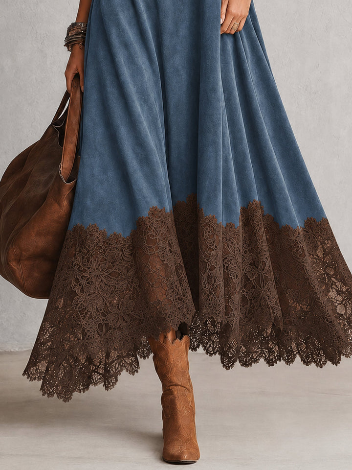 Long Faux Suede Dress with Contrast Lace Hem 12
