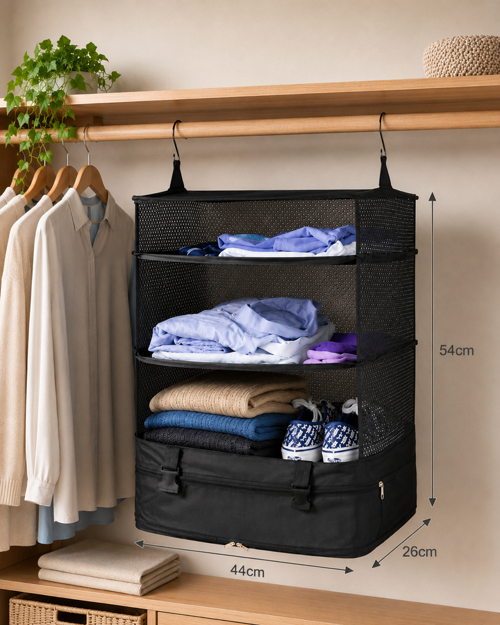 Foldable Hanging Travel Shelf Organizer with 3 Shelves and Zip Pocket 7