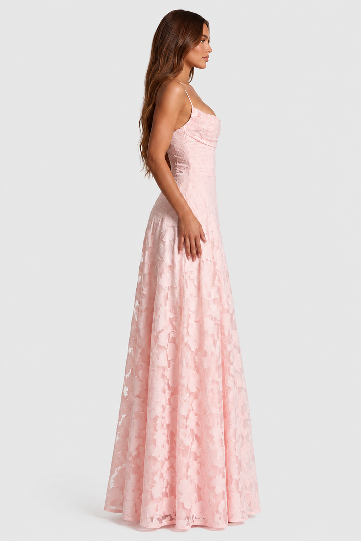 Raised 3D Floral Lace A-Line Midi-Maxi Dress with Draped Neckline 7