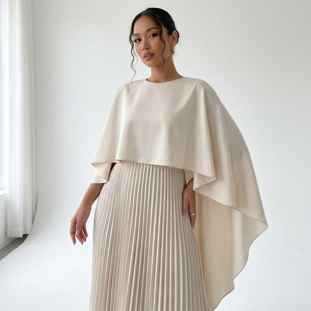 Pleated High Neck Maxi Dress in Flowy Chiffon-Style Fabric 2