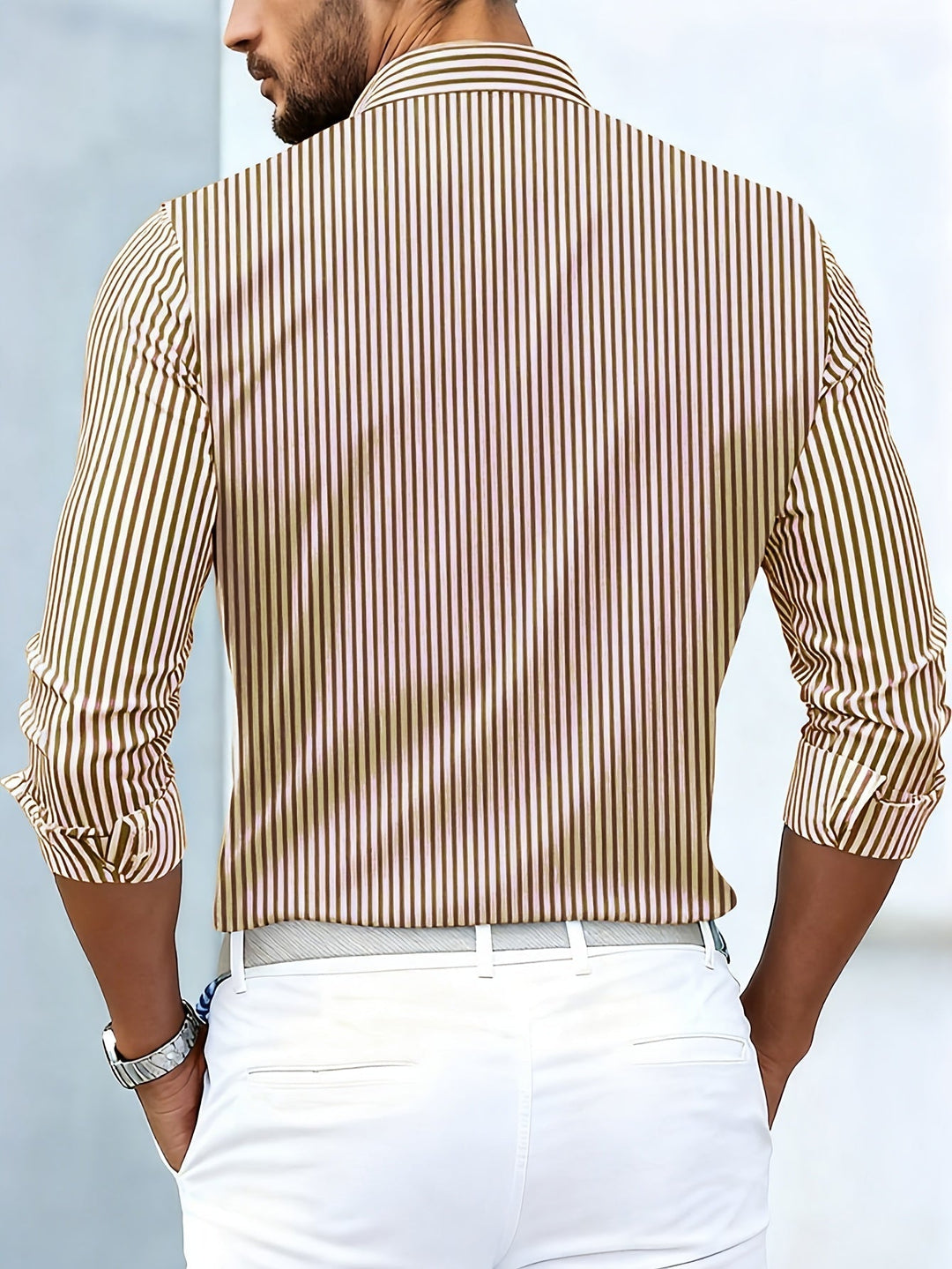 Men's Vintage Striped Long-Sleeve Button-Up Shirt with Worn-In Look 6