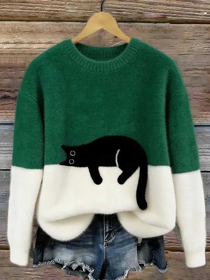 Oversized Crew Neck Sweater with Cat Patch and Color Block Seam, Sizes S-5XL 4