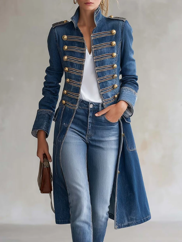 Women's Long Military Style Double-Breasted Coat with Officer Collar 1