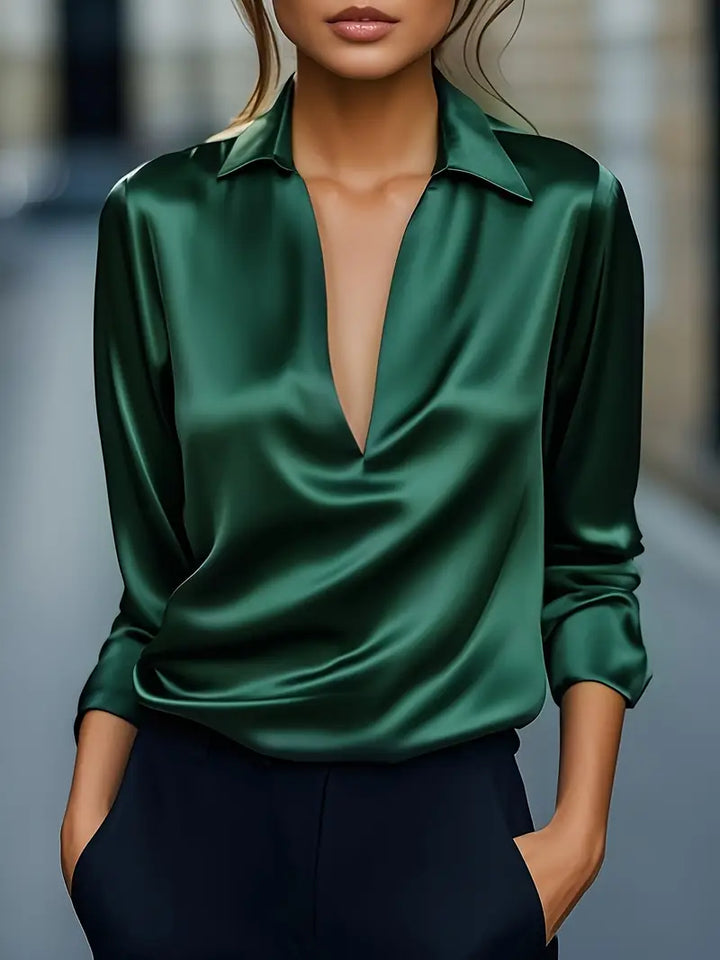 Women's Satin V-Neck Blouse with Draped Collar 1